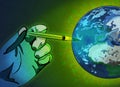 Hand holding a syringe injecting a vaccine to earth