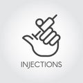 Hand holding syringe with injection line icon. Medical symbol, vaccination, treatment, cosmetology, botox concept Royalty Free Stock Photo