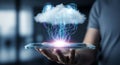Hand Holding Tablet with Cloud Computing and Data Visualization, Digital Technology Royalty Free Stock Photo