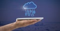 Hand holding tablet with cloud icon and hanging connection devices Royalty Free Stock Photo