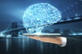 Hand holding tablet with glowing circuit brain Royalty Free Stock Photo