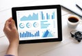 Hand holding tablet with graphs and charts elements on screen