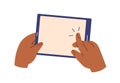 Hand holding tablet PC, clicking on blank screen with finger. Arm using digital device, touching, pointing, pressing on