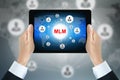 Hand holding tablet pc with MLM (Multi Level Marketing) sign
