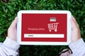 Hand holding tablet with www. on search bar screen background Royalty Free Stock Photo