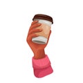Hand holding takeaway coffee cup, person with disposable cardboard or plastic mug