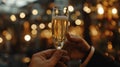 A hand holding a tall glass of bubbly zeroalcohol champagne a staple beverage in a Frenchstyle evening aperitif