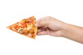 Hand holding tasty flavorful pizza isolated on white Royalty Free Stock Photo