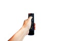 Hand holding television and audio multimedia remote control isolate on white background with clipping path