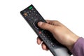 Hand holding television and audio remote control isolate on white background Royalty Free Stock Photo