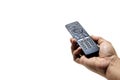 Hand holding television and audio remote control on white background Royalty Free Stock Photo