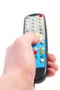 Hand holding television remote. Royalty Free Stock Photo