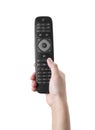 Hand holding television remote control on white background Royalty Free Stock Photo