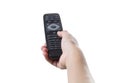 Hand holding television remote control on white background Royalty Free Stock Photo