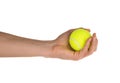 Hand holding tennis ball isolated on white clipping path Royalty Free Stock Photo
