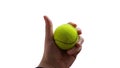 Hand holding a tennis ball on a white background Royalty Free Stock Photo