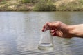 hand holding test tube for analyses with water on the background of the reservoir, the concept of water purity, pollution of water Royalty Free Stock Photo