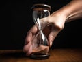 A hand holding a ticking hourglass showing the urgency and importance of staying on top of business deadlines.. AI Royalty Free Stock Photo