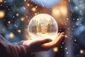 Hand holding Tiny cute christmas contained within a sphere glass bottle on snow background, AI