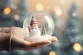 Hand holding Tiny cute christmas contained within a sphere glass bottle on snow background Royalty Free Stock Photo