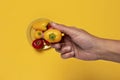 Hand holding tiny yellow bell pepper beside yellow plate Royalty Free Stock Photo