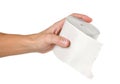 Hand holding toilet paper on white background. Close up Royalty Free Stock Photo