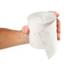 Hand holding toilet paper on white background. Close up Royalty Free Stock Photo