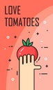 Hand holding a tomato. Thin line flat design. Vector card
