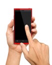 Hand holding and Touch on Red Smartphone Royalty Free Stock Photo