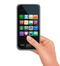 A hand holding touchscreen mobile phone with icons Royalty Free Stock Photo