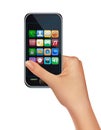 A hand holding touchscreen mobile phone with icons Royalty Free Stock Photo