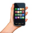 A hand holding touchscreen mobile phone with icons Royalty Free Stock Photo