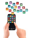 A hand holding touchscreen mobile phone with icons Royalty Free Stock Photo