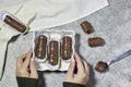 hand holding an traditional homemade Algerian cookies named chocolate cigar