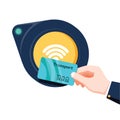 Hand holding transport card near terminal. Airport, metro, bus, subway ticket terminal validator. Contactless payment Royalty Free Stock Photo
