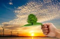 Hand holding the tree on leaf. turbine with sun set background. Royalty Free Stock Photo