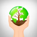 Hand holding tree shaped world map with soil. Royalty Free Stock Photo