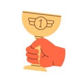 Hand holding trophy, winners cup icon. Leaders arm with gold goblet, award for 1 place. Best prize, reward for champion Royalty Free Stock Photo