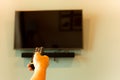 Hand holding TV remote control in front of widescreen TV set with blank screen. Royalty Free Stock Photo