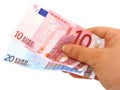 Hand holding two euro notes (clipping path included)