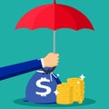 Hand holding umbrella to protect money. for financial savings concept. Vector illustration Royalty Free Stock Photo