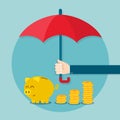 Hand holding umbrella to protect money Royalty Free Stock Photo