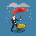 Hand holding umbrella to protect money. Vector illustration for financial savings concept.