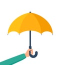 Hand holding umbrella on white background. Concept of insurance, home security, person guardian. Man holds umbrella. vector