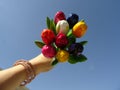 Hand Holding Up a Bouquet of Colorful Wooden Tulips agaist the background of the Blue sky Royalty Free Stock Photo