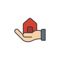 Hand holding up house icon, color, line, outline vector sign, linear style pictogram isolated on white. Symbol, logo illustration Royalty Free Stock Photo