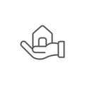 Hand holding up house icon, color, line, outline vector sign, linear style pictogram isolated on white. Symbol, logo illustration Royalty Free Stock Photo