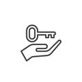 Hand holding up key line icon, outline vector sign, linear style pictogram isolated on white. Royalty Free Stock Photo