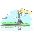 Hand holding upper part of eifel tower illustration vector hand drawn isolated on white background line art