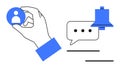 Hand Holding User Icon with Notification Bell and Chat Bubble for Communication Concepts Royalty Free Stock Photo